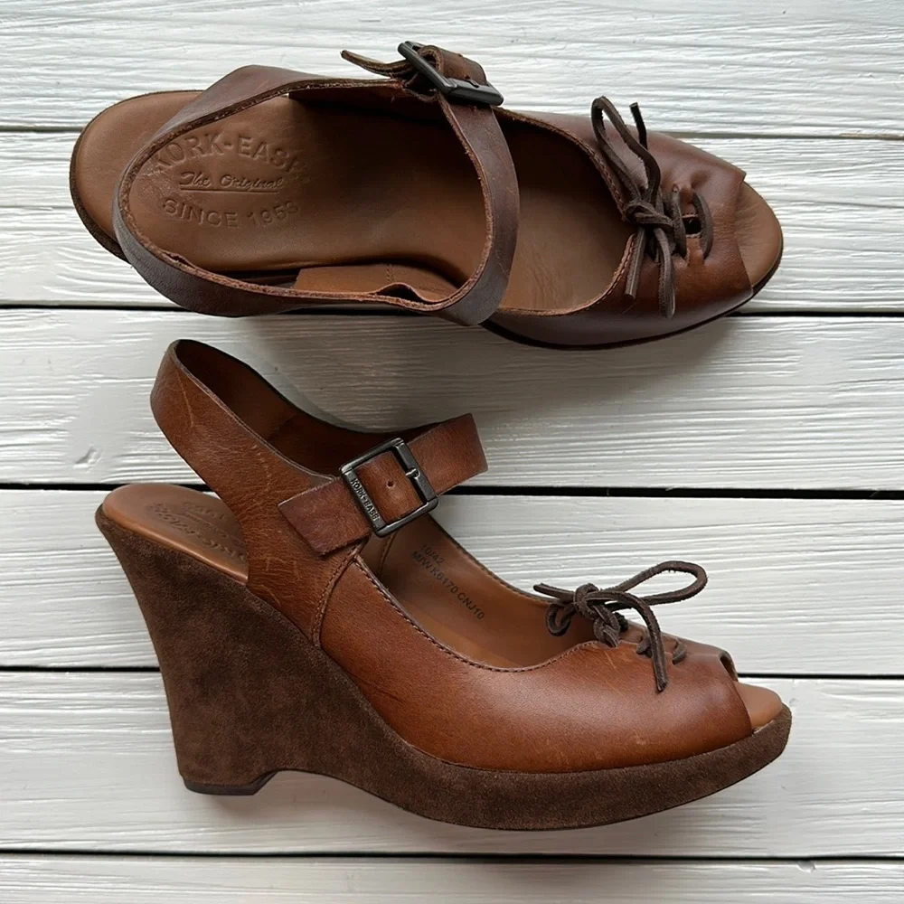 Kork-Ease Brown Bellevue Leather Wedge Sandal Lace-Up size 10